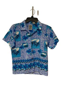 Ocean Current Unisex Size XL Youth Button Up Hawaiian Shirt Top Blue Floral Hibi